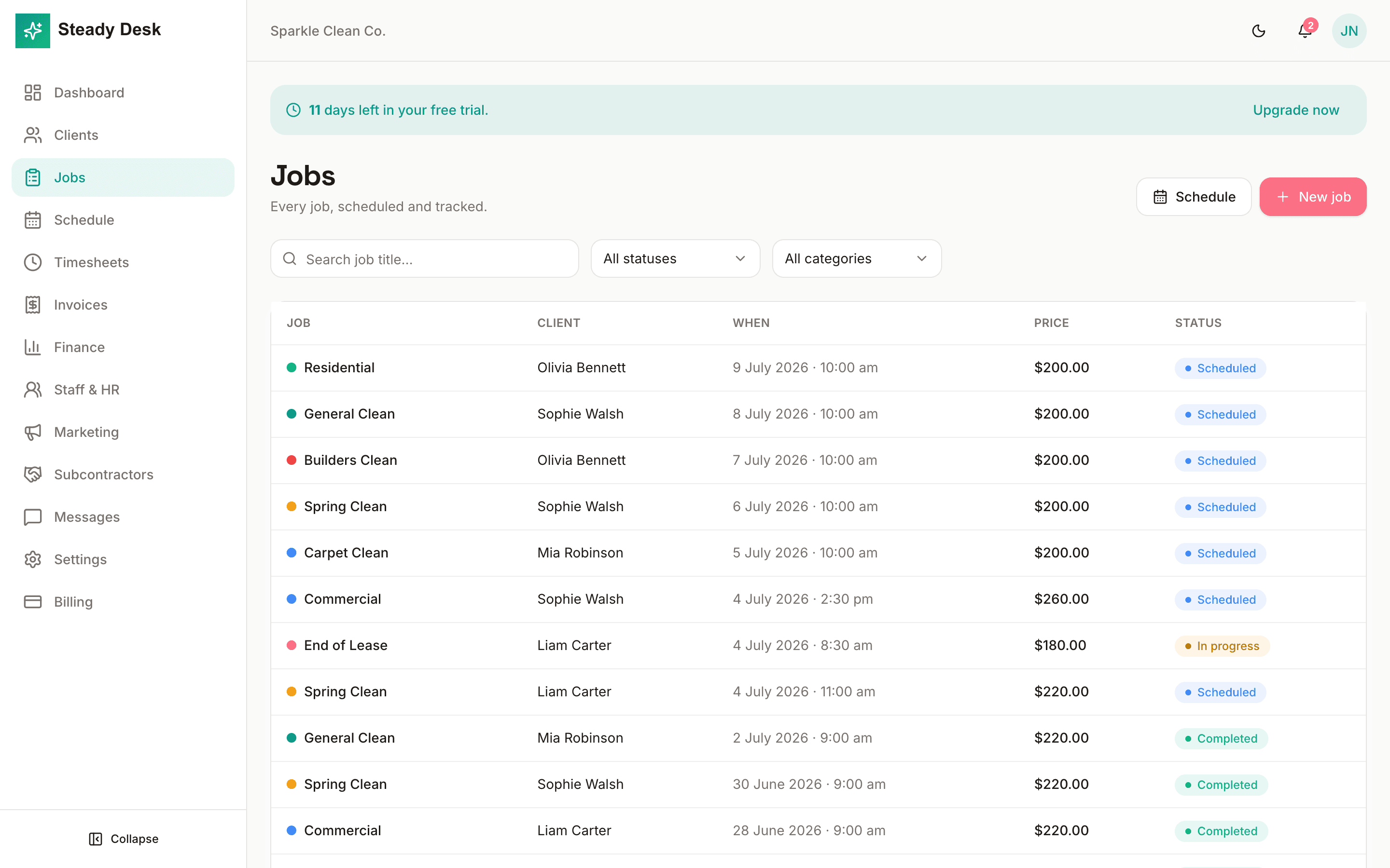 Steady Desk jobs table with job status and client details